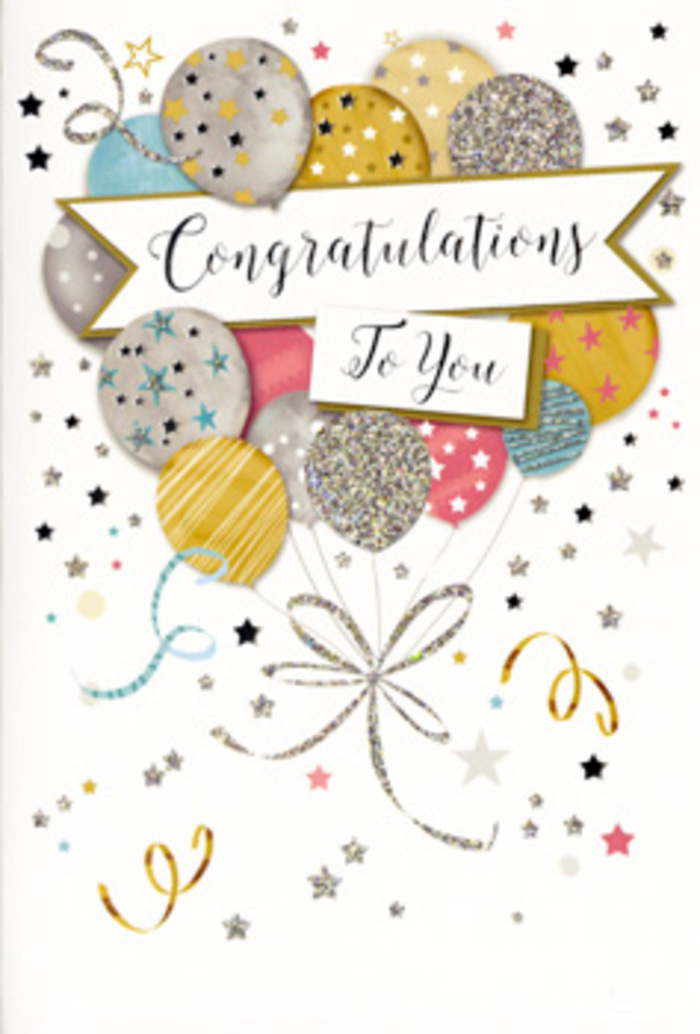 The image shows an elegant congratulations card styled as a refined celebration, reminiscent of a quiet yet joyful gathering in a Dollis Hill home. The composition is dominated by a central cluster of illustrated balloons in harmonising shades of satin gold, soft silver, champagne cream, airy sky blue, and romantic blush pink, each balloon outlined with fine metallic lines that catch the light. Some balloons are filled with tiny star motifs, others with subtle stripes and dots, creating a playful mix of textures that feels as thoughtfully balanced as a florist's arrangement of colours and blooms. From each balloon, slender ribbons cascade downward in curling trails of shimmering gold and cool silver, crossing in loose loops like the trailing stems and foliage in a hand-tied bouquet. The background is a gentle off-white, dusted with scattered stars, sparkling dots, and swirling confetti shapes that echo the spontaneous joy of a surprise party near Gladstone Park or along Dollis Hill's residential streets. Across the centre, a gracefully arched banner stretches from side to side, bearing a scripted congratulations message in an ornate, flowing font that adds a hint of formality without feeling stiff. The whole card radiates warmth, pride, and a polished sense of celebration, perfectly suited to accompany fresh flowers delivered to mark graduations, promotions, or personal milestones around Dollis Hill and neighbouring Willesden Green. As a florist envisioning this scene, it feels like the paper equivalent of a sophisticated balloon-and-bouquet display, offering the recipient a tactile reminder that their hard work and happy news deserve to be beautifully acknowledged.