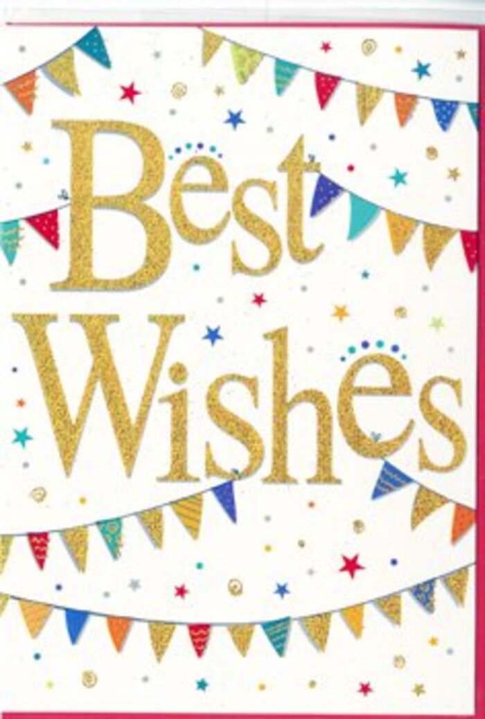 The card in this image captures the feeling of a small, joyful celebration unfolding on a blank canvas, as if Dollis Hill itself had been distilled into paper and ink. At its heart, the message Best Wishes is written in flowing golden script, the letters slightly embossed so they rise gently above the surface. The gold has a refined glitter effect, not overly flashy but softly luminous, like sunlight glinting off autumn leaves along Dollis Hill Broadway. Each curve of the lettering is precise, suggesting care and intention in every stroke. Surrounding the words, two generous swags of bunting sweep from side to side in relaxed arcs: one stretching across the top portion of the card, the other mirroring it below. The tiny triangular flags are painted in a palette of bright, happy colours-crimson, teal, lemon yellow, grass green, navy, and coral-some adorned with miniature stripes, others with neat polka dots or playful mosaic-like patterns. They appear to flutter slightly, as though caught by a gentle breeze drifting over a back-garden celebration just off Dollis Hill Lane. Around and between these garlands, light-hearted stars and round confetti-like dots are sprinkled in varying sizes. Some are a soft metallic gold, echoing the main text; others are coloured to match the bunting, adding rhythm and movement. The background is a pure, uncluttered white that amplifies every hue and sparkle while keeping the design sophisticated and versatile. It feels perfectly suited to accompany a florist's congratulations bouquet for an achievement, a new chapter, or any milestone celebrated quietly at home or with friends around Dollis Hill, carrying a warm promise of luck, happiness, and kind support.