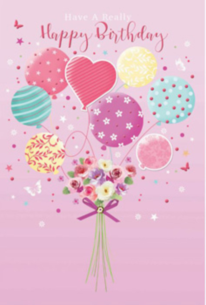 This elegant birthday design captures the feeling of a joyful celebration rising quietly above the peaceful streets of Dollis Hill. The scene is set against a soft, powdery pink background, like evening light reflecting off terrace houses after a gentle rain. A cluster of pastel balloons forms the main focus, each balloon rendered with individual character: pale sunshine yellow, rosy fuchsia, lavender, and seafoam green, some with whimsical stripes, others with delicate polka dots, and a few adorned with tiny, stylised florals. They appear to float effortlessly, as though lifting a dainty garden toward the sky, much like the lifted mood when a surprise birthday bouquet arrives at a doorstep off Dudden Hill Lane. At the base of the balloons, a hand-tied bouquet gathers the stems into a compact, charming bundle. Petite roses and soft, daisy-like blossoms blend creamy ivory with blush pink and gentle mauve, their petals shaded with subtle gradients that suggest natural light skimming across real flower heads. The bouquet is cinched with a rich purple ribbon, tied in a careful bow that speaks of an expert florist's finishing touch. Around the arrangement, tiny butterflies and star-like sparkles flit and shimmer, adding an airy, dreamlike quality to the artwork. You can almost imagine the faint, sweet scent of freshly cut blooms drifting through a Dollis Hill living room as the card is opened. The composition feels thoughtfully balanced-playful yet polished-perfect for conveying a heartfelt birthday message that feels both imaginative and sincerely local.