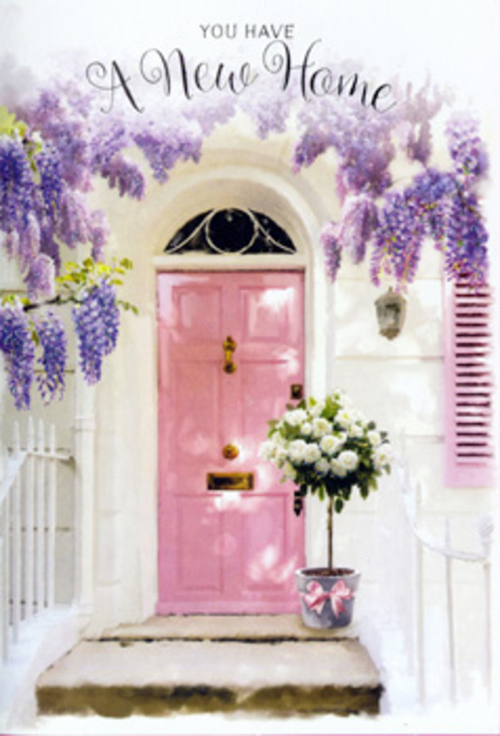 A peaceful Dollis Hill doorway is captured at that tender moment when a house begins to feel like a home, the centrepiece a charming painted pink door that seems to smile against its whitewashed wall. Overhead, wisteria in full bloom drapes in velvety cascades of lavender and soft mauve, each dangling raceme casting gentle shadows that sway and flicker in the light breeze. The shutter, brushed in a pale, complementary blush, introduces a rhythm of soft colour that runs from wall to frame to threshold, tying each part of the entrance into a single, harmonious palette. On the step just in front, a vintage-style tin bucket leans slightly toward the door, as though nudged there by a thoughtful hand. It overflows with lush white and ivory roses, their petals thick and satiny, some just beginning to unfurl, others fully open like little rosettes of cream. Wisps of fresh green foliage weave between the blooms, adding a crisp edge and a hint of garden scent that calls to mind the greenery of nearby Gladstone Park after rain. Around the bucket's base, a soft pink ribbon is tied with deliberate care, its tails resting lightly against the stone and echoing the pastel hues all around. The light in the scene is gentle and reassuring, a kind of London brightness softened by cloud, making every curve of petal and twist of vine feel intimate and calm. It looks like the sort of housewarming arrangement a local florist might deliver for a new arrival in Dollis Hill, a floral embrace waiting at the doorstep to whisper, Welcome, your story starts here.