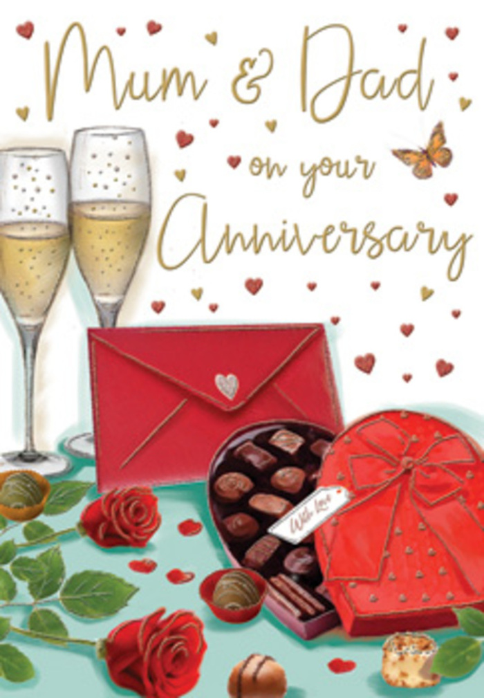 This detailed anniversary card illustration captures the kind of intimate celebration many families in Dollis Hill hold dear, rendered with a romantic, almost storybook charm. In the foreground, two red roses are laid carefully on a table surface, their petals full and layered, with subtle highlights that make them appear freshly cut and fragrant, like a bespoke arrangement delivered just off Dollis Hill Broadway. Their deep crimson is set off beautifully by the soft, glossy green of surrounding leaves, giving a sense of natural abundance. Next to the blooms, a heart-shaped chocolate box sits slightly angled, its lid adorned with a luxurious red bow that cascades in perfect loops and tails. The lid is propped open just enough to reveal rows of chocolates inside, each one individually placed, their rounded tops catching tiny glints of light. Behind this, two tall champagne flutes stand close together, filled with sparkling golden wine; the precise, fine bubbles rise in thin streams, suggesting a moment paused right before an anniversary toast. Gently floating around the scene are small hearts in shades of gold and crimson, some solid, some softly outlined, forming a loose halo around the hand-lettered dedication to Mum & Dad. Off to one side rests a rich scarlet envelope, its smooth surface and pointed flap implying a carefully written message tucked inside. The lighting is warm and inviting, like evening lamplight in a Dollis Hill home looking out toward Gladstone Park, casting a soft glow that enhances the reds and golds. The overall mood is one of tenderness, celebration, and an enduring love story honoured with roses, chocolates, and a shared glass of fizz.