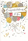 This congratulations card is portrayed as a soft, luminous celebration, like a moment of joy captured between friends after an achievement in Dollis Hill. A generous bouquet of illustrated balloons fills the centre, layered so they appear to float forward from the card. Each balloon is rendered in gentle shades of metallic gold, brushed silver, champagne beige, sky blue, and blush pink, with delicate patterns of stars, fine stripes, and tiny shimmering dots that suggest glittery texture without overwhelming the eye. Thin ribbons trail from the balloons in spiralling lines of gold and silver, curling loosely as if swaying in a light indoor breeze after a party. Surrounding the balloon cluster, the pale background is sprinkled with small metallic stars, swirling ribbons, and scattered confetti-like marks, creating a halo of festive energy reminiscent of celebrations near Gladstone Park or along Dollis Hill Lane. Cutting gracefully across the design, a softly curved banner carries an elegant Congratulations To You message in flowing calligraphy, the darker ink standing out clearly against the lighter tones. The overall scene feels both upbeat and tasteful, ideal for honouring milestones such as new jobs, exam successes, or special announcements in the Dollis Hill community. Viewed through a florist's eye, the arrangement of colours and shapes echoes the balance found in a well-crafted bouquet, making this card a natural companion to fresh flowers delivered locally, offering the recipient not just words of praise but a visual embrace of their achievement.