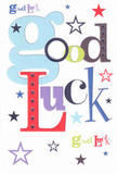 This cheerful good luck card is laid out against a clean, bright white background, its surface as smooth and crisp as quality florist cardstock, like the tags we tie to fresh bouquets here in Dollis Hill. The words Good Luck stretch across the centre in a playful collage of bold fonts and colours: oversized letters in pastel blue, deep cherry red, mossy green, and velvety purple mingle with slender strokes of inky black and soft charcoal grey. Each letter feels hand-picked, as if a local designer near Gladstone Park has mixed paints to capture that perfect balance of excitement and reassurance before a big moment. Scattered around and between the letters, tiny stars dance in every direction: navy and indigo, sky-blue and lilac, soft lavender and lemon-lime, some solid and bright, others faint like distant constellations just visible above Dollis Hill at dusk. The composition is open and breathable, with generous white space giving the colours room to shine, much like a carefully spaced bouquet where each bloom can be admired. You can almost sense the satin-smooth finish under your fingertips, the gentle weight of the card as you'd press it into someone's palm before an exam, a new job, or a move across London. The mood is upbeat and encouraging, a quiet little fanfare in paper form, echoing the same heartfelt optimism we see when customers at Dollis Hill Florist choose a card to tuck into a fresh arrangement for someone stepping into a new chapter.