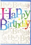 This birthday card design radiates the same lively warmth you might feel at a cheerful get-together near Gladstone Park, filled with laughter, cake, and bright decorations. Across the centre, the words Happy Birthday stretch in generous, rounded letters, each one bathed in a different band of colour-starting in bold cherry and crimson, melting into rich orange and golden yellow, then easing into fresh greens, aquatic blues, and velvety purples. The colours appear softly blended, almost like a painted sky at sunset, giving the message a sense of movement and celebration. Behind this rainbow headline, the entire background is covered in repeated lines of Happy Birthday to you, written in a graceful, looping gold script that glimmers as though dusted with fine glitter. This metallic lettering forms a gentle rhythm, like a chorus of well-wishers softly singing in the background at a family party in Dollis Hill. Between the lines of script, tiny flecks of sparkle and delicate highlights peek through, evoking the look of scattered confetti and party lights reflecting off polished glassware. The card stock appears smooth and slightly glossy, with a finish that would feel pleasingly sleek under your fingertips. As a florist used to pairing cards with birthday bouquets for local deliveries around Dollis Hill and the nearby streets, I see how perfectly this design complements colourful flowers: lively yet tasteful, bright but not overwhelming. It's an ideal card for someone who loves vibrant colour and a touch of golden elegance, turning a simple birthday message into a joyful, keepsake-worthy moment.