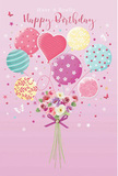 A whimsical birthday scene blooms across a soft pink backdrop, like a daydream floating above the tree-lined roads of Dollis Hill. At the centre, a lively cluster of pastel balloons rises upward, each one individually decorated so it feels almost hand-painted: some glow in gentle mint and sea green with loose ribbon stripes, others are brushed in rosy pink and lemon with playful polka dots, while a heart-shaped balloon near the middle radiates affection in warm blush tones. The balloons appear weightless, their glossy surfaces catching a diffused light that suggests a calm, bright afternoon. Tethered beneath them is a charming bouquet of fresh flowers, as if the balloons are carrying a tiny garden skyward. The arrangement features delicate roses and anemone-like blooms in shades of creamy ivory, blush pink, and soft mauve, their petals feathery and layered, with hints of shadow adding depth and realism. A violet satin bow is tied neatly around the stems, its texture smooth and slightly reflective, echoing the care a local Dollis Hill florist puts into every hand-tied birthday bouquet sent around Gladstone Park and the surrounding avenues. Around the main composition, small stars and fluttering butterflies are scattered lightly, lending a touch of fairy-tale magic without overwhelming the flowers. The overall mood is airy, sweet, and genuinely celebratory, the kind of illustrated birthday card that quietly suggests fresh blooms, thoughtful wishes, and a moment of joy shared close to home.