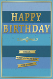 This stylish birthday card pairs tranquil blue layers with glowing gold details, creating a scene that feels perfectly at home in a peaceful Dollis Hill sitting room. The background is composed of confident horizontal stripes, each band a distinct shade of blue, ranging from rich navy and deep denim through softer ocean hues to a pale, airy sky tone at the base. Together, they form a smooth gradient reminiscent of watching the sky change over Gladstone Park on a clear day. Centred across the card, the greeting HAPPY BIRTHDAY is embossed in tall, refined gold capital letters, their metallic finish catching and reflecting light in a gentle shimmer, as if echoing sunlight along Dollis Hill Broadway. Just below this bold message, a graceful golden flourish stretches across, an ornamental accent that bridges tradition and contemporary simplicity. Underneath, three slim golden banners are neatly arranged one beneath the other, each ribbon bearing warm, encouraging words: Relax, have a great day and enjoy! The banners echo the gold of the main text, adding rhythm and balance to the design. A narrow gold border runs around the perimeter, containing the stripes and giving the card a polished, finished look, like a well-framed print. The blues appear matte and velvety to the eye, while the gold details look slightly raised and lustrous, offering a pleasing tactile contrast. You can imagine this card propped beside a vase of fresh birthday blooms in a Dollis Hill kitchen, the soft rustle of wrapping paper nearby, and the overall mood one of gentle celebration, comfort, and an invitation to savour every quiet, happy moment.