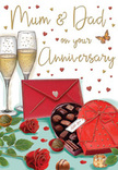 The anniversary card scene depicted here feels like a lovingly prepared surprise waiting on a side table in a cosy Dollis Hill home. At the heart of the design, two sumptuous red roses lie side by side, their velvety petals shaded with such care that you can almost sense their softness and gentle perfume, reminiscent of a freshly arranged bouquet carried home from Dollis Hill Florist. Behind the roses, a heart-shaped box of chocolates sits invitingly open, its deep red shell finished with an elegant bow that loops across the lid, adding a touch of luxury and drama. The chocolates within are carefully nestled in individual compartments, a tempting invitation to share. Standing proudly just behind, two delicate champagne flutes are filled with pale golden fizz, the tiny bubbles frozen mid-rise as if moments away from a heartfelt toast between partners who have journeyed through many anniversaries together. Surrounding this central tableau, scattered gold and crimson hearts float across the soft background, framing the handwritten message dedicated to Mum & Dad with a playful yet deeply affectionate energy, much like a family gathering near Gladstone Park on a special evening. In the foreground, a vivid scarlet envelope lies ready, its smooth surface and neat fold suggesting a personal note filled with gratitude and love. The warm, ambient lighting bathes everything in a gentle glow, enhancing the rich reds, greens, and golds, and creating a mood of intimate celebration. It is an image that evokes shared memories, quiet toasts, and the enduring sweetness of long-lasting love.